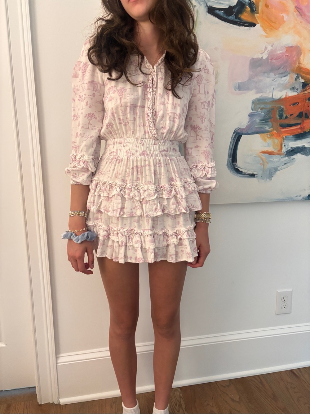 Women's Mini Ruffle Dress in Light Pink Toile